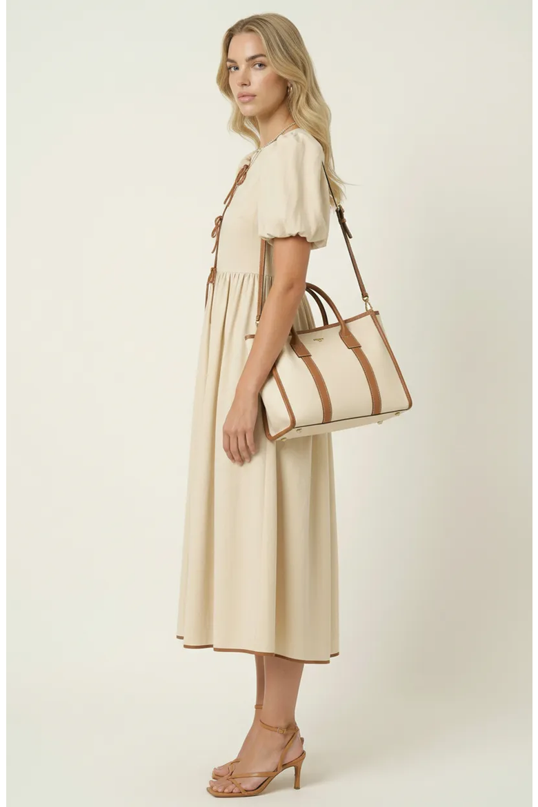 Midi Puff Sleeve Dress with Contrast Ties and Hemline Trim, Alternate, color, Off-white / Cream