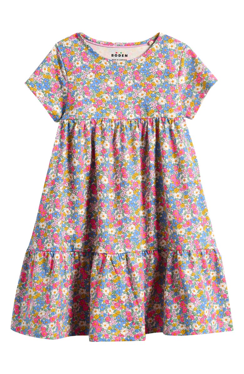 Mini Boden Kids' Ariel Tiered Cotton Jersey T-Shirt Dress, Main, color, Ditsy Floral