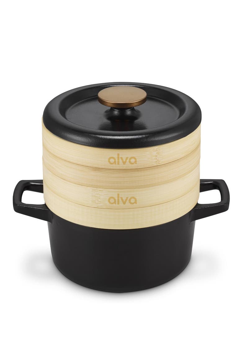 Nori Enameled Cast Iron Cocotte with Steamer Inserts, 2.5-Qt., Main, color, Black