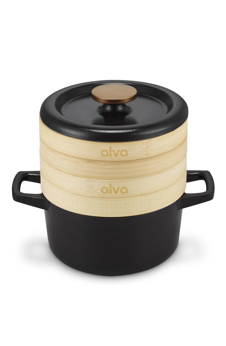 Alva Nori Enameled Cast Iron Cocotte with Steamer Inserts, 2.5-Qt., Main, color, Black