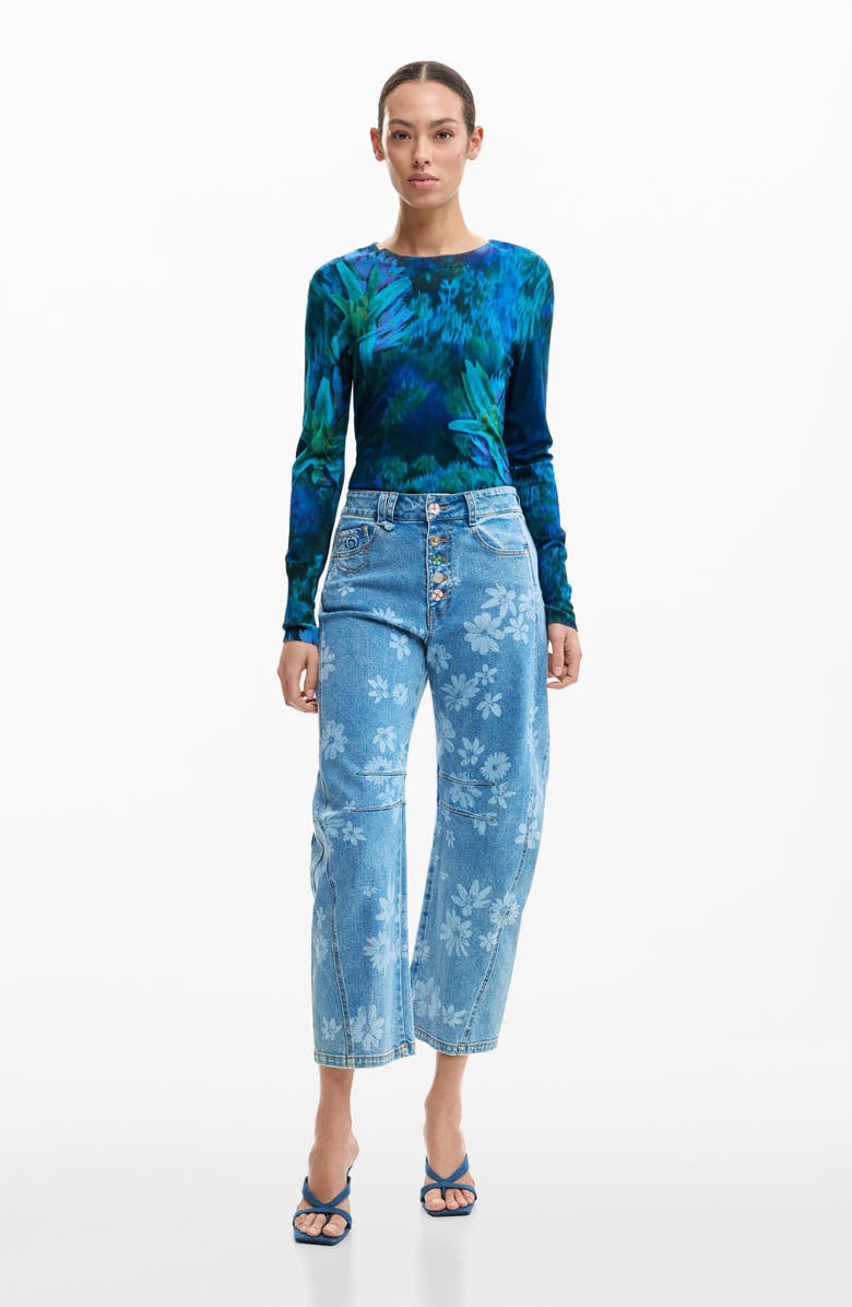 Desigual Floral Pattern Straight Leg Jeans, Alternate, color, Medium Blue