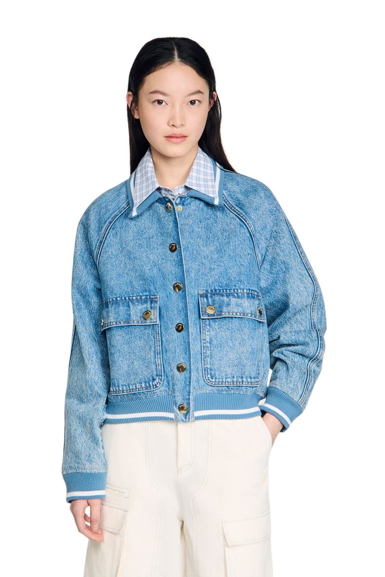 Rib-trimmed denim jacket, Main, color, Blue jean