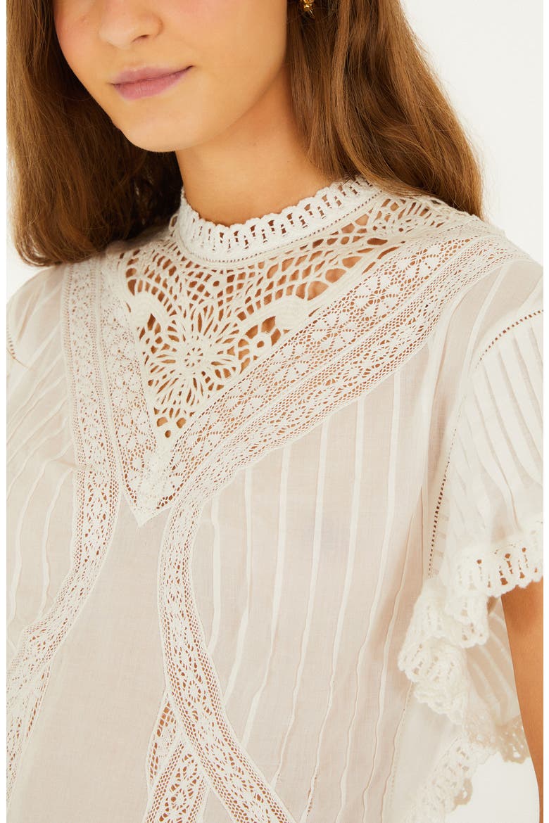 Organic Cotton Lace Inset Mock Neck Top, Alternate, color, OFF-WHITE