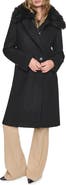 DKNY Faux Fur Collar Wool Blend Coat