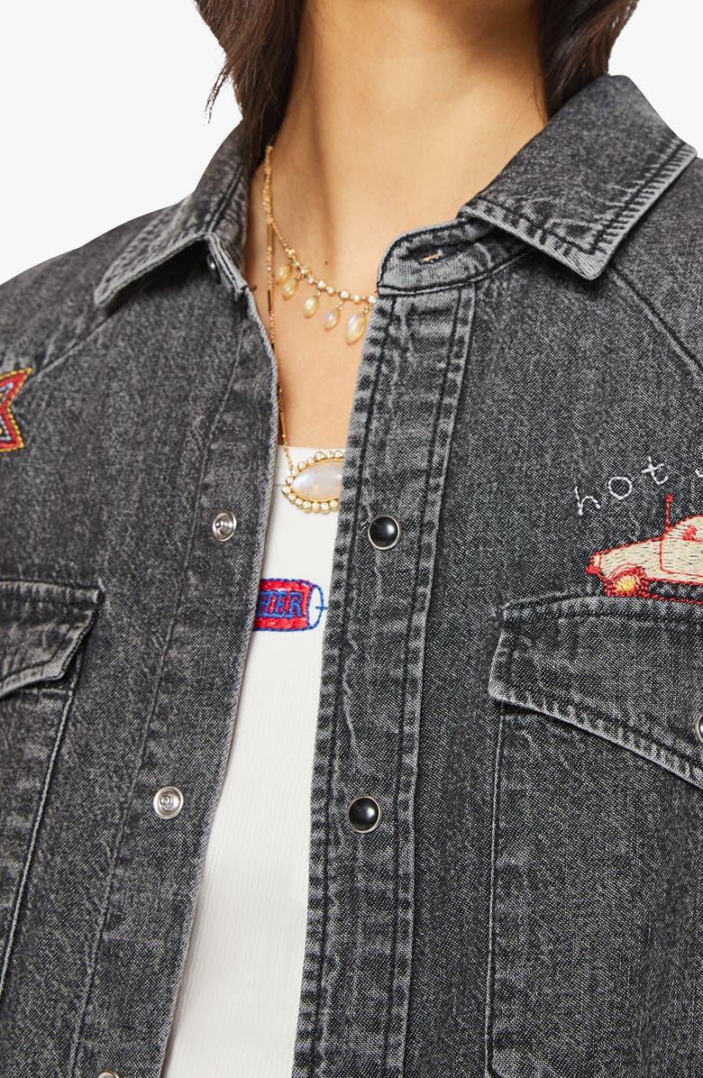 MOTHER The Exes & Ohs Embroidered Denim Western Shirt, Alternate, color, Lightning Rod