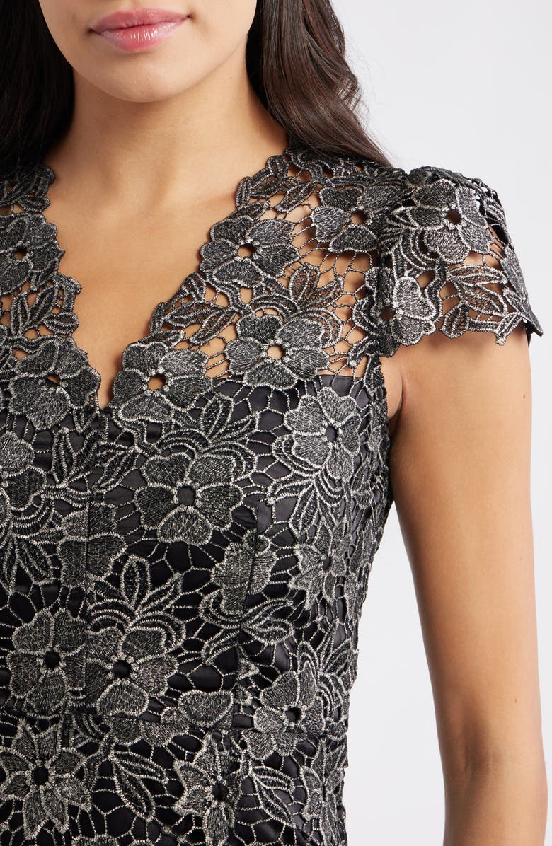 Eliza J Metallic Floral Lace Sheath Dress, Alternate, color, Black Gold