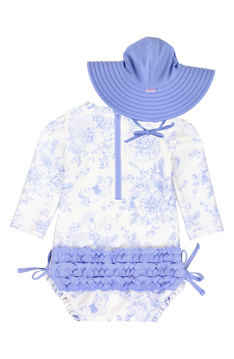 RuffleButts Periwinkle Garden Long Sleeve One-Piece Rashguard Swimsuit & Hat Set, Alternate, color, 