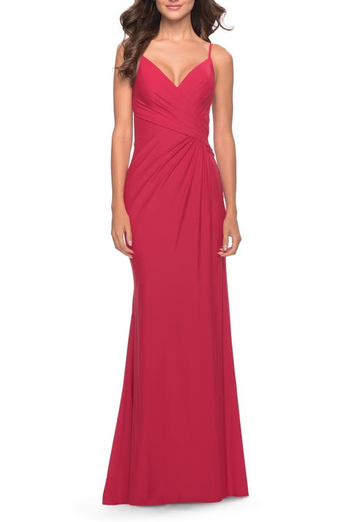 La Femme Long Jersey Versatile Dress With Ruched Zipper In Red