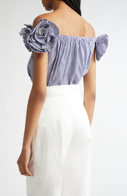Carolina Herrera Ruffled Off-the-shoulder Striped Cotton-poplin Top In Blue