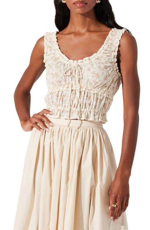 Astr The Label Kissed Shirred Ruffle Sleeveless Crop Top In Cream Floral