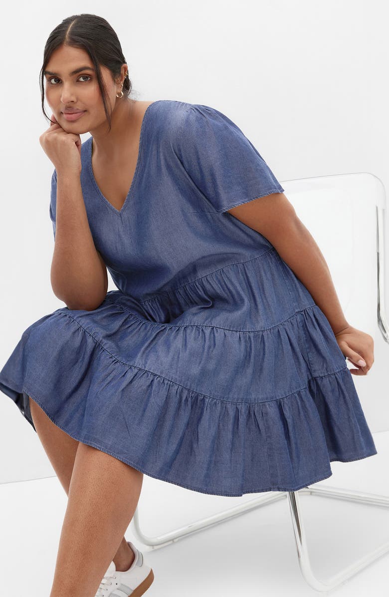 City Chic Tiered Denim Minidress, Alternate, color, Dark Denim