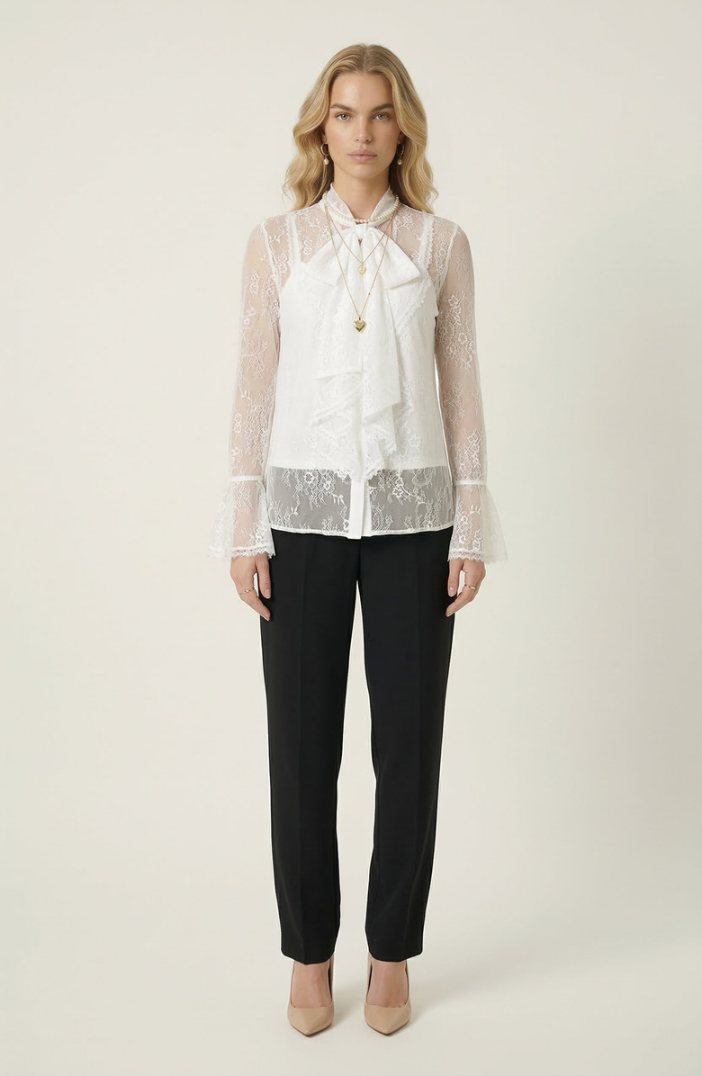 Modenaire Sheer Lace Bow Tie Neck Ruffle Front Detail Blouse, Alternate, color, White