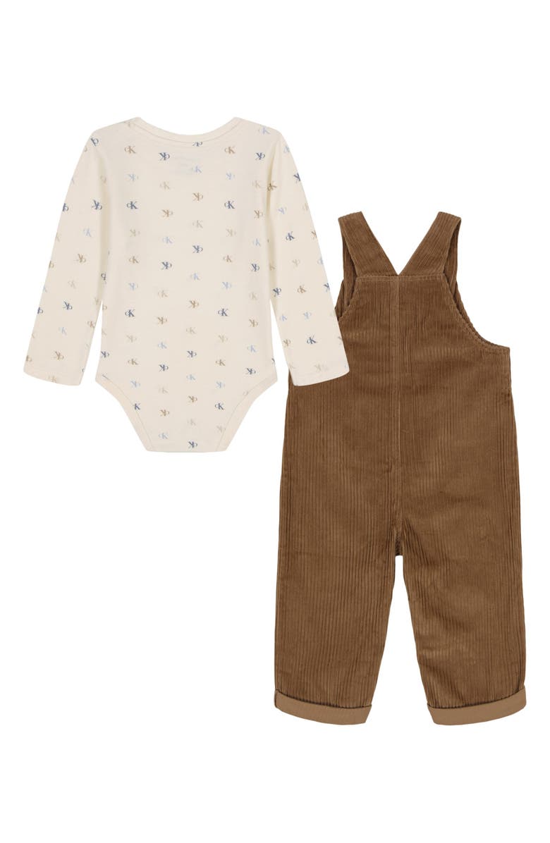 Calvin Klein Logo Long Sleeve Bodysuit & Corduroy Overalls Set, Alternate, color, Brown/ Cream Multi