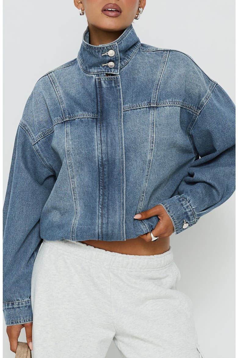 Alfea Funnel Neck Denim Bomber Jacket, Main, color, MID BLUE WASH