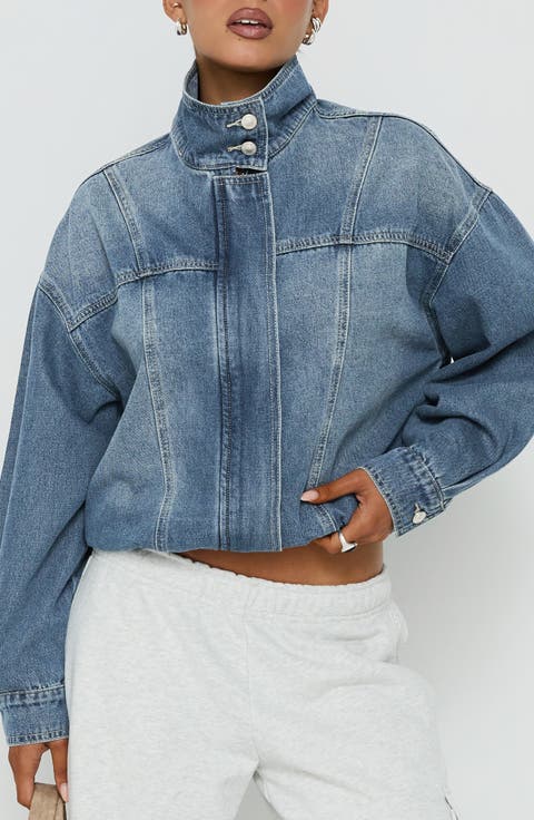 Alfea Funnel Neck Denim Bomber Jacket