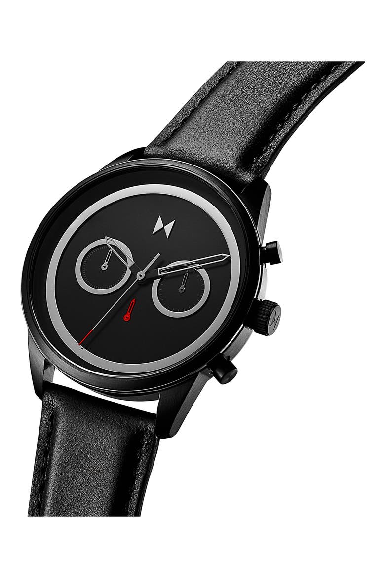 MVMT Sportluxe Chronograph Leather Strap Watch, 43mm, Alternate, color, BLACK