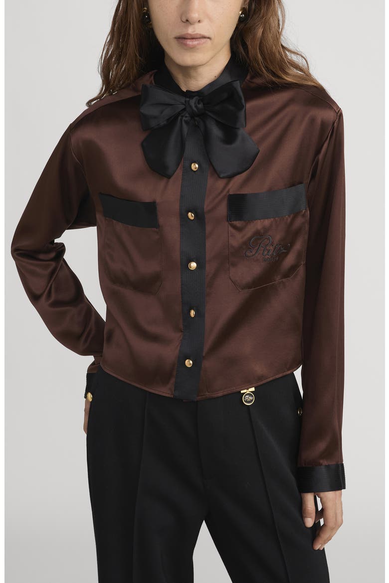 x The Ritz Paris Silk Satin Button-Up Shirt, Alternate, color, CHOCOLATE BROWN