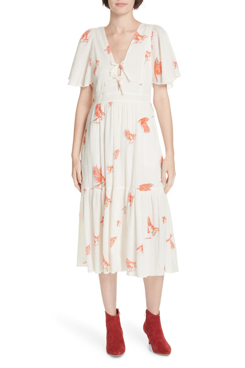 Bird Print Gauze Dress, Main, color, SAND COMBO