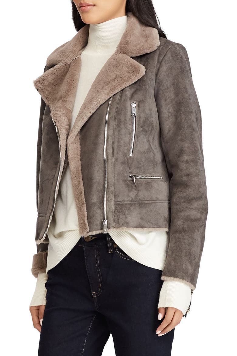 Faux Shearling Moto Jacket, Main, color, GREY