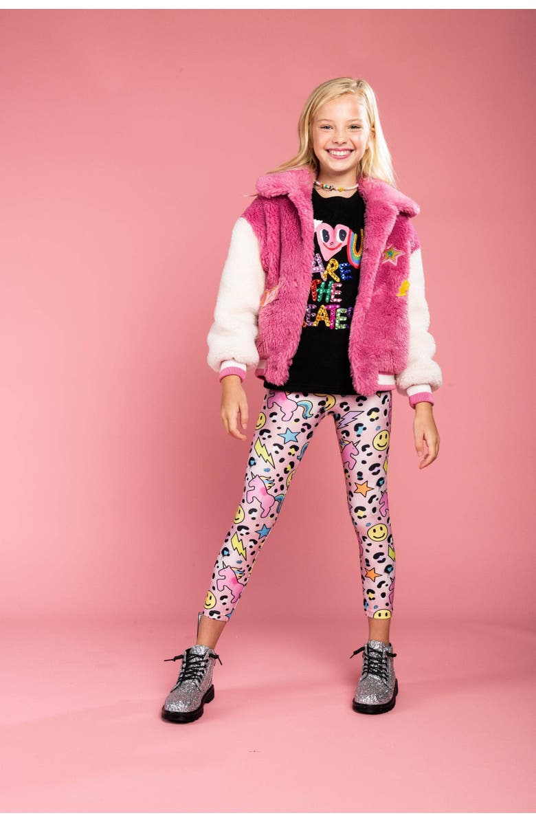 Lola + The Boys Varsity Patch Faux Fur Bomber, Alternate, color, 