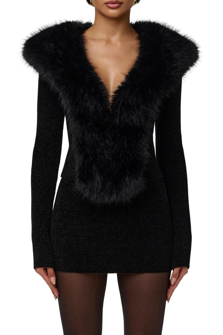 Faux Fur Collar Cardigan, Main, color, BLACK