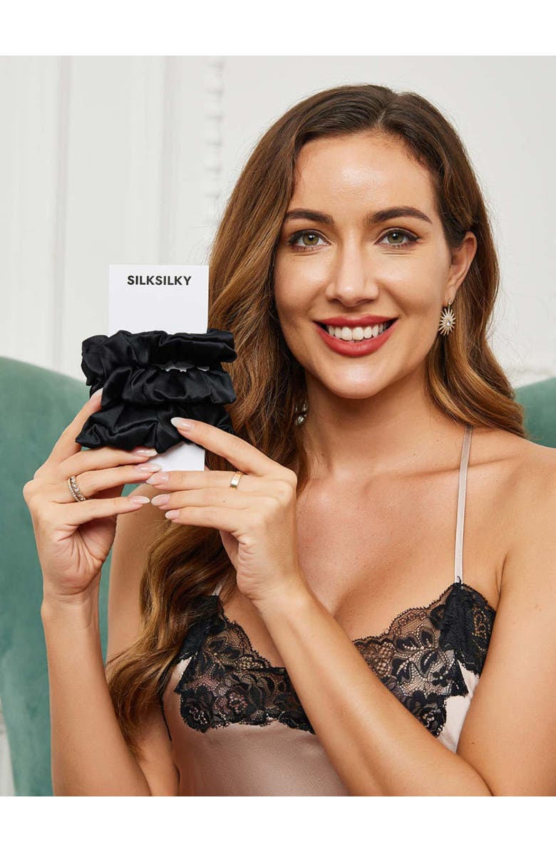 SILKSILKY 3Pcs Pure Silk Midnight Scrunchies Bundle- Middle - 3.5cm, Alternate, color, Black