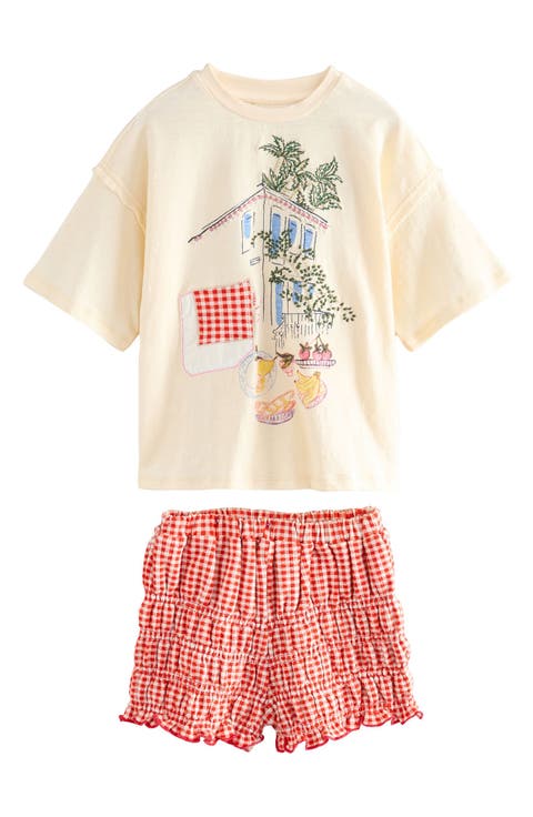 Kids' Cotton Graphic T-Shirt & Gingham Shorts Set (Big Kid)