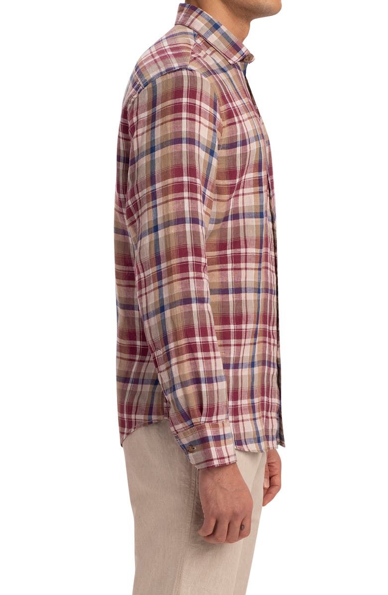 Bugatchi Shaped Fit Plaid Linen Button-Up Shirt, Alternate, color, 