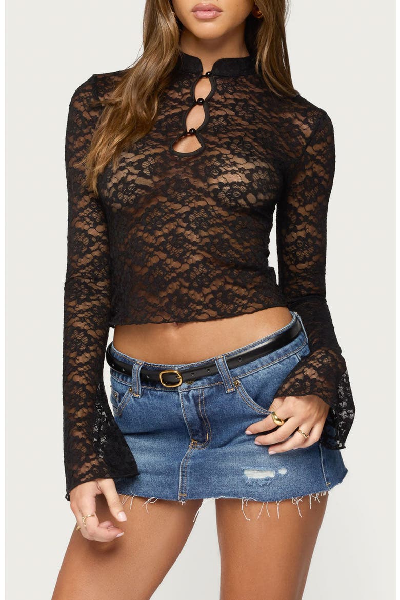 Faela Sheer Lace Bell Sleeve Top, Main, color, BLACK