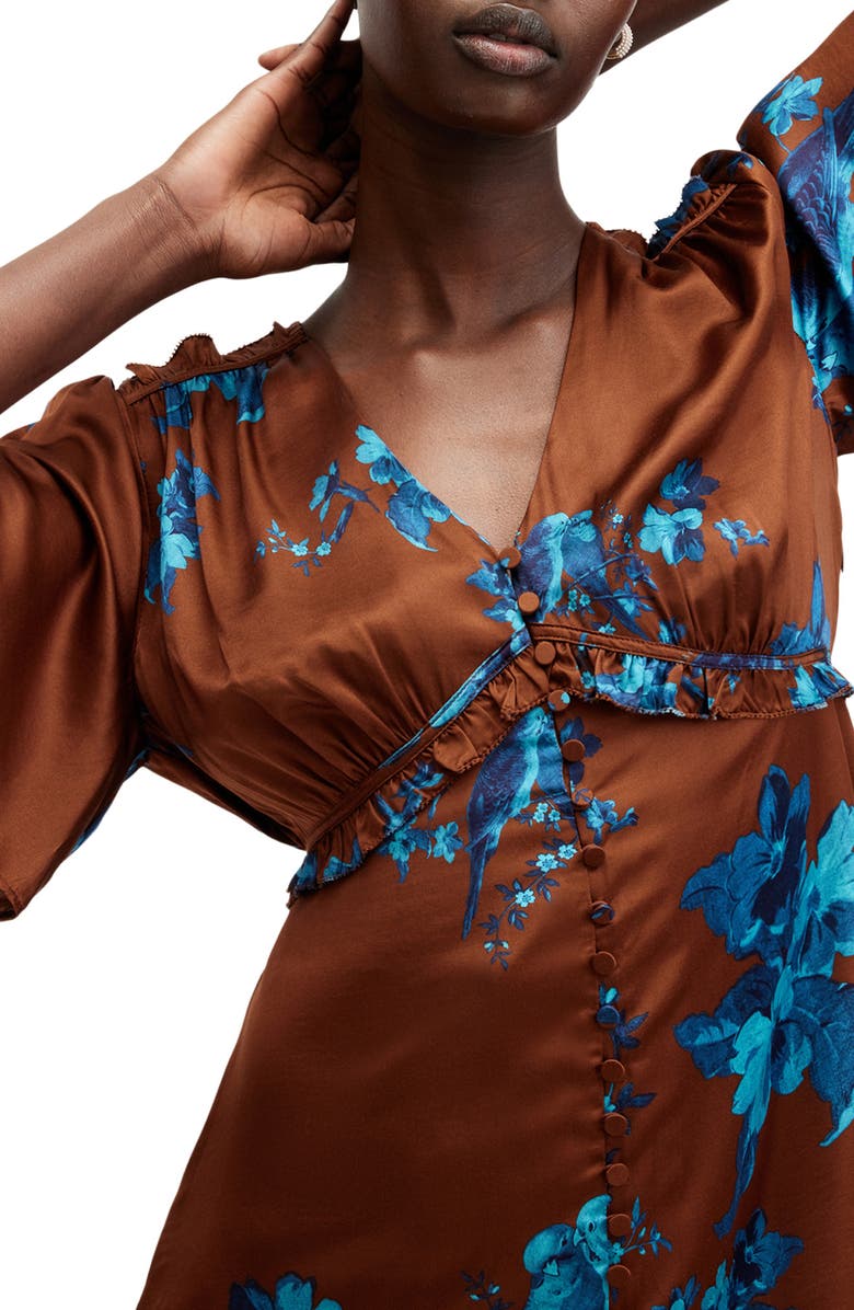 AllSaints Tian Iona Short Sleeve Empire Waist Satin Dress, Alternate, color, Rust Red