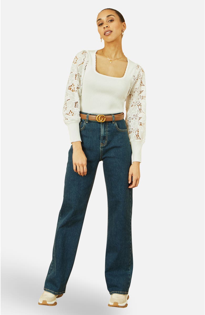 Yumi Ribbed Knitted Lace Sleeve Top, Main, color, White