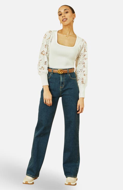 Ribbed Knitted Lace Sleeve Sweater