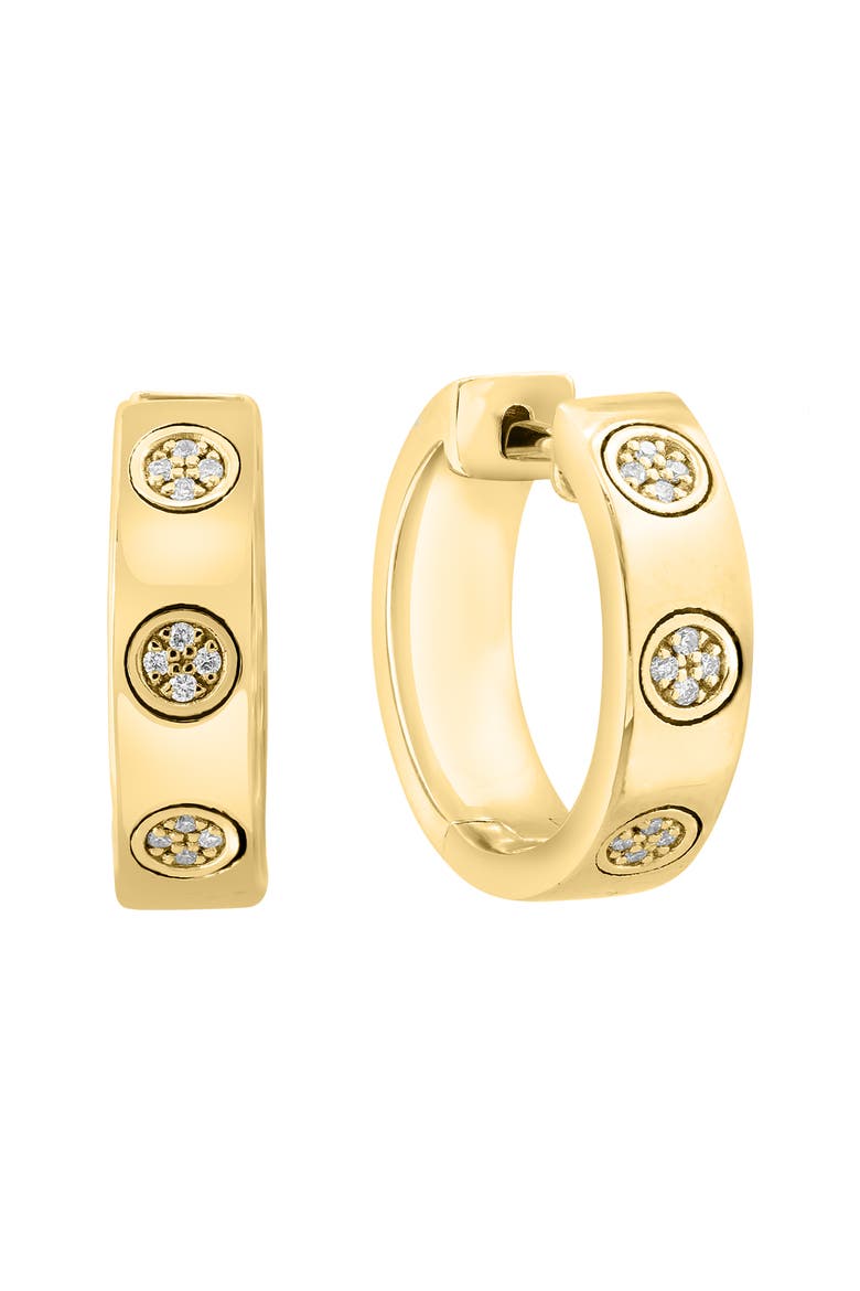 925 Gold Plated Silver Bezel Set Diamond Station Huggie Earrings, Main, color, 14K Gold Plate