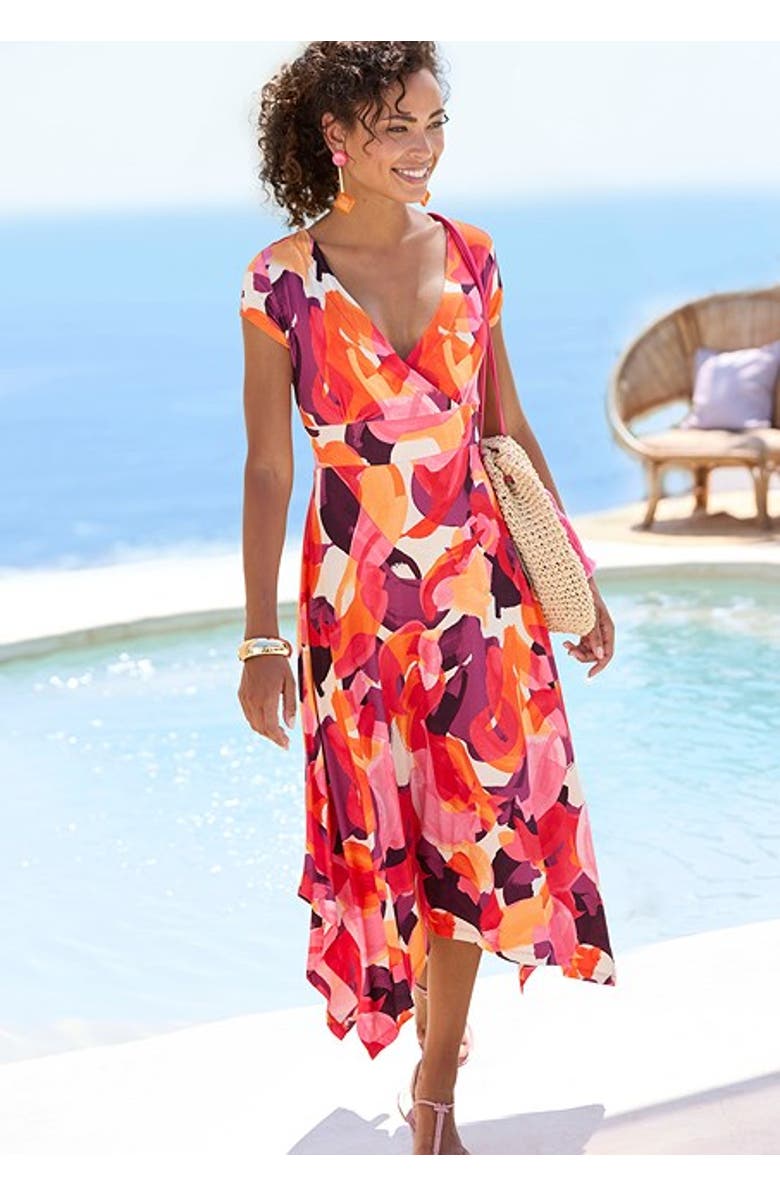 LASCANA Women's Handkerchief Hem Dress, Alternate, color, Pink-Printed