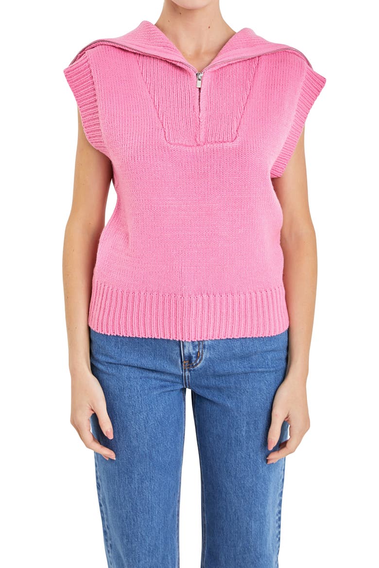 Zip Mock Neck Cap Sleeve Sweater, Alternate, color, PINK