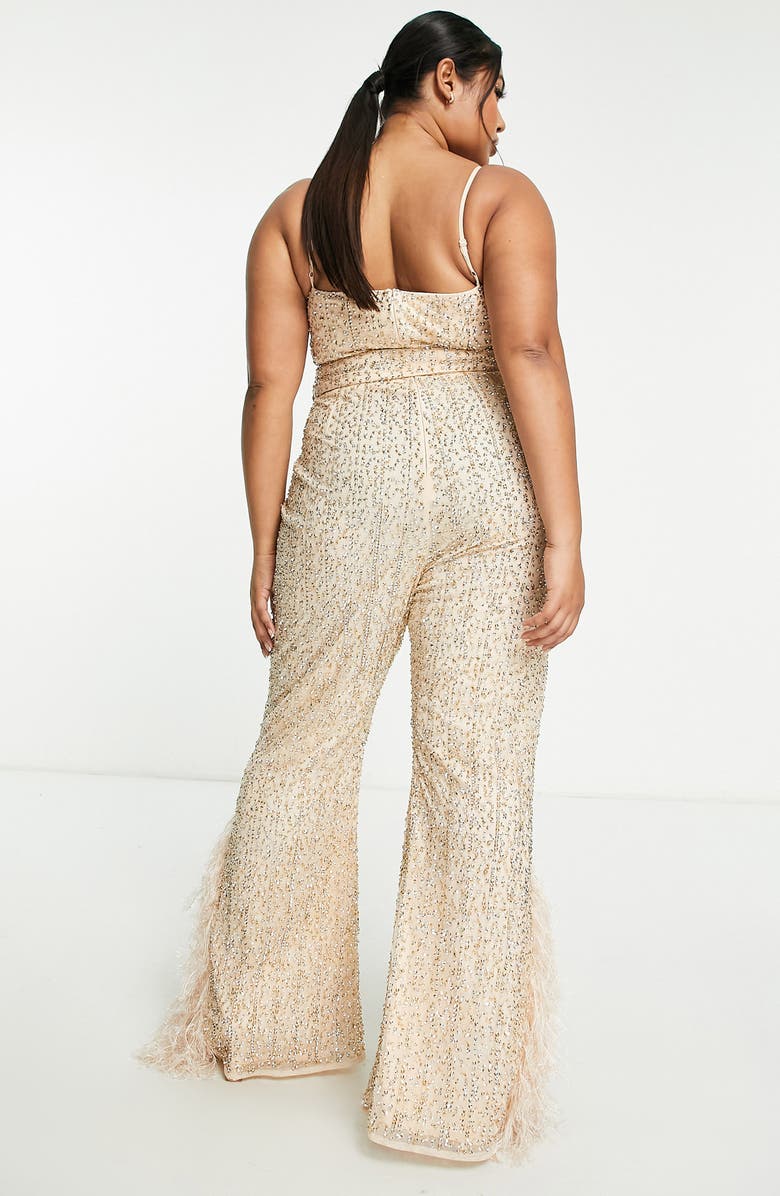 ASOS DESIGN LUXE Curve Sequin Faux Feather Belted Jumpsuit, Alternate, color, 