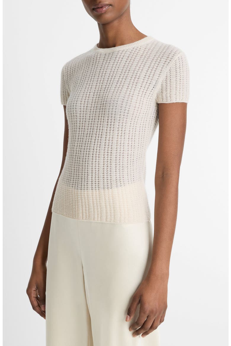Waffle Stitch Short Sleeve Cashmere & Silk Sweater, Alternate, color, WHITE SAND