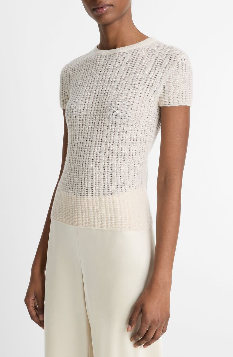 Vince Waffle Stitch Short Sleeve Cashmere & Silk Sweater, Alternate, color, White Sand