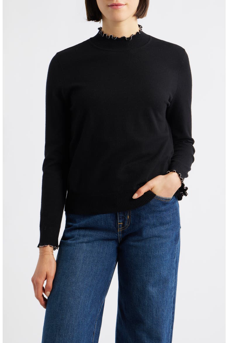 Bead Detail Mock Neck Sweater, Main, color, BLACK