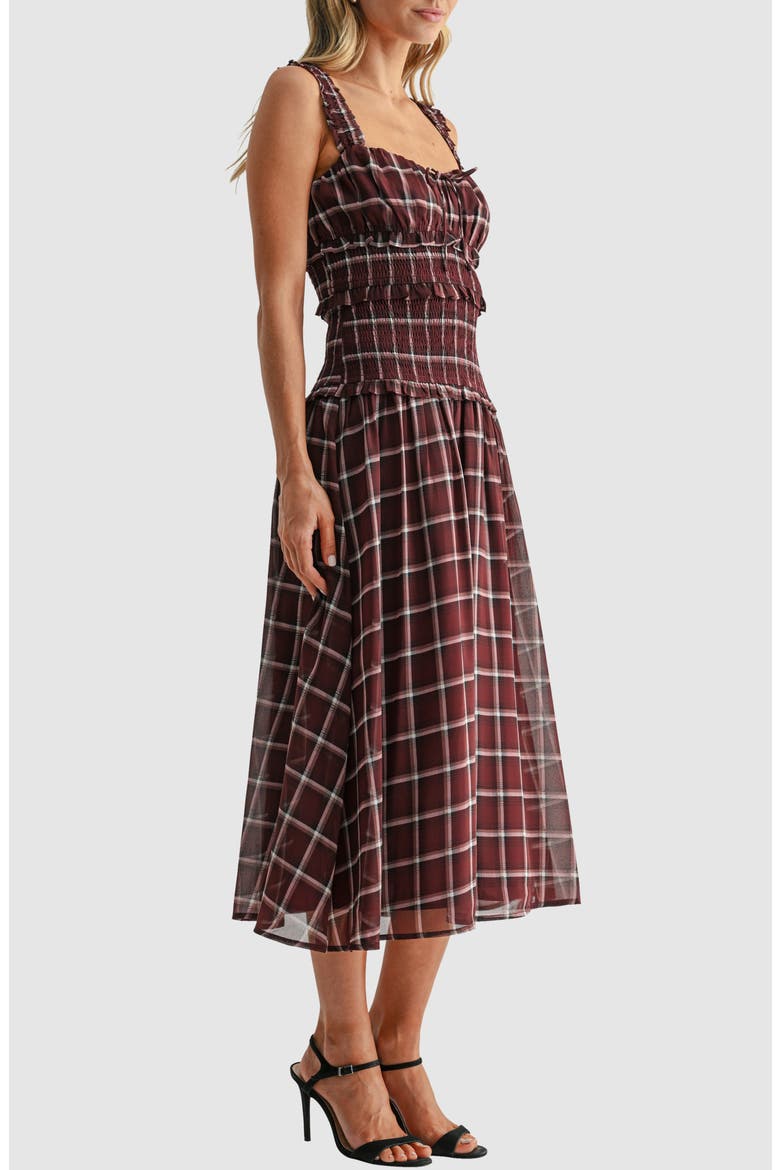 Plaid Smocked Drop Waist Midi Dress, Alternate, color, BURGUNDY PLAID