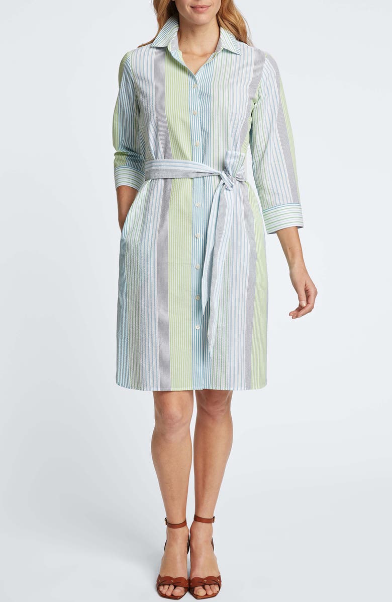 Foxcroft Rocca Stripe Belted Three-Quarter Sleeve Shirtdress, Main, color, 