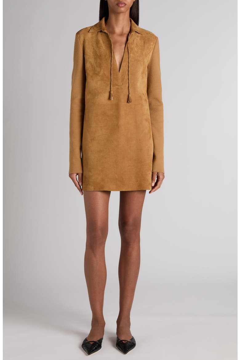Long Sleeve Suede & Wool Blend Polo Minidress, Main, color, GOLDEN BROWN