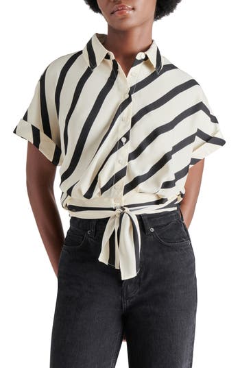 Steve Madden Tori Stripe Short Sleeve Tie Front Shirt In White