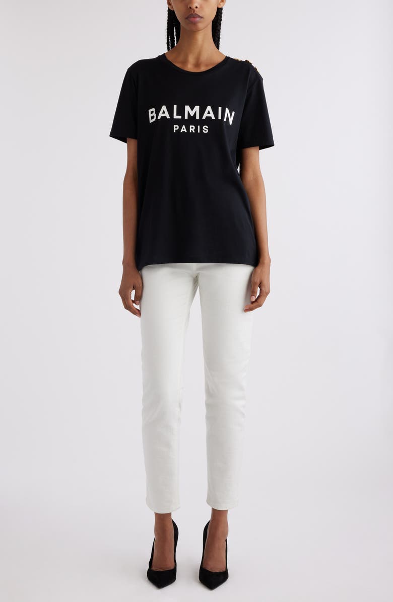 Balmain Button Shoulder Cotton Logo Graphic T-Shirt, Alternate, color, Eab Black/ White