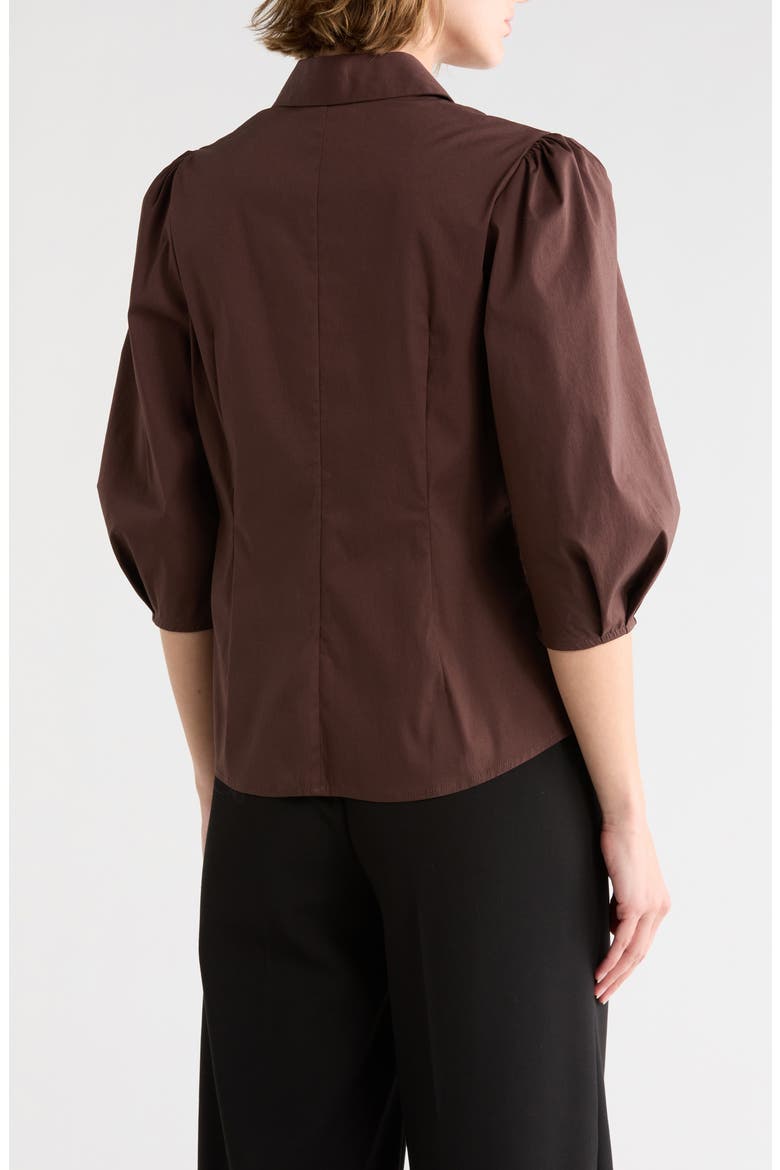 Three-Quarter Sleeve Pleated Waist Button-Up Shirt, Alternate, color, DARK CHOCOLATE