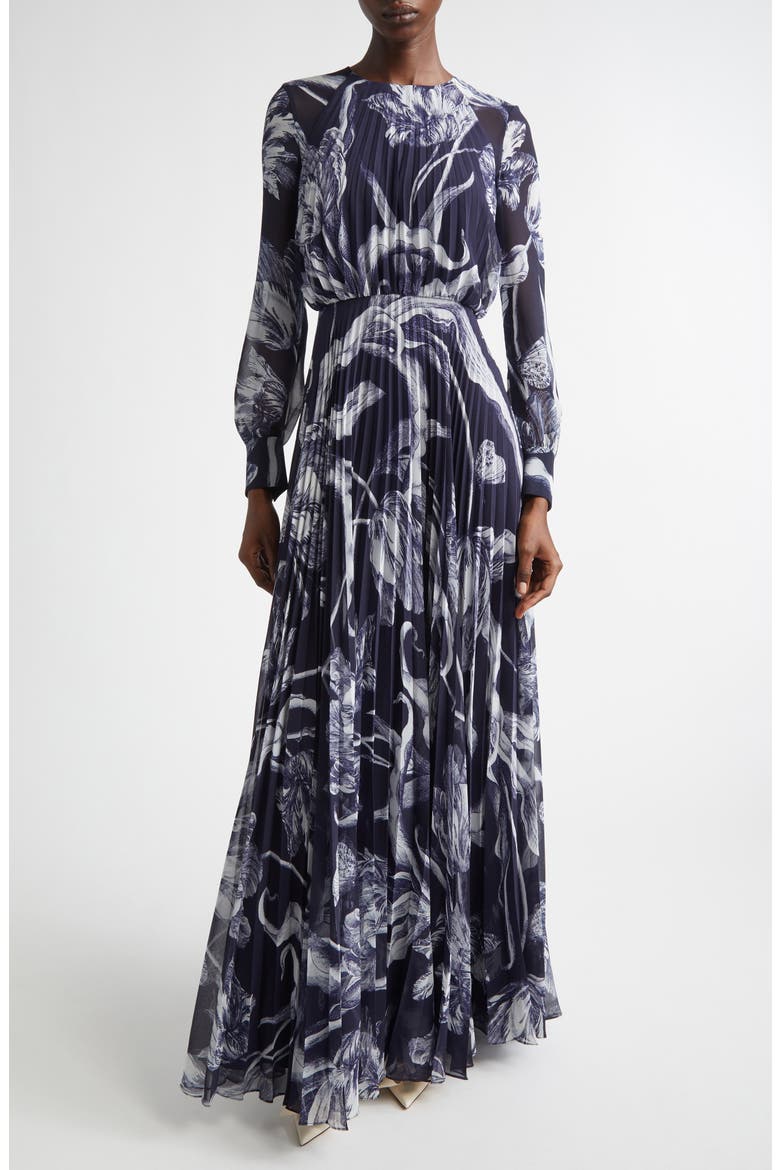 Botanical Engraving Pleated Long Sleeve Voile Gown, Main, color, BOTANICAL ENGRAVING MIDNIGHT