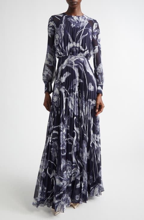 Botanical Engraving Pleated Long Sleeve Voile Gown