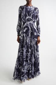 Erdem Botanical Engraving Pleated Long Sleeve Voile Gown