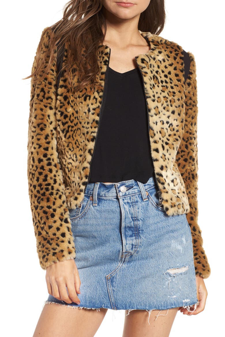 Faux Fur Leopard Jacket, Main, color, BEIGE/ BLACK