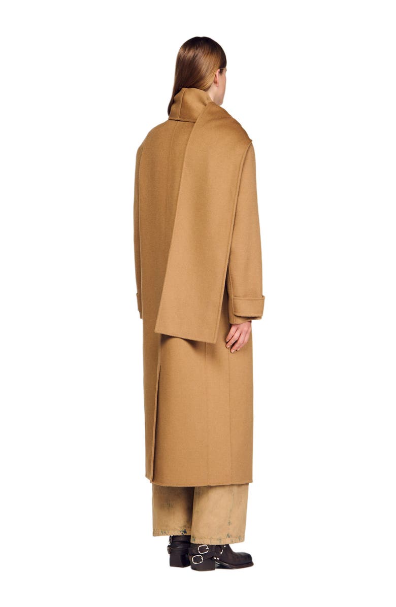 SANDRO Oversized Wool Coat with removable scarf, Alternate, color, Camel